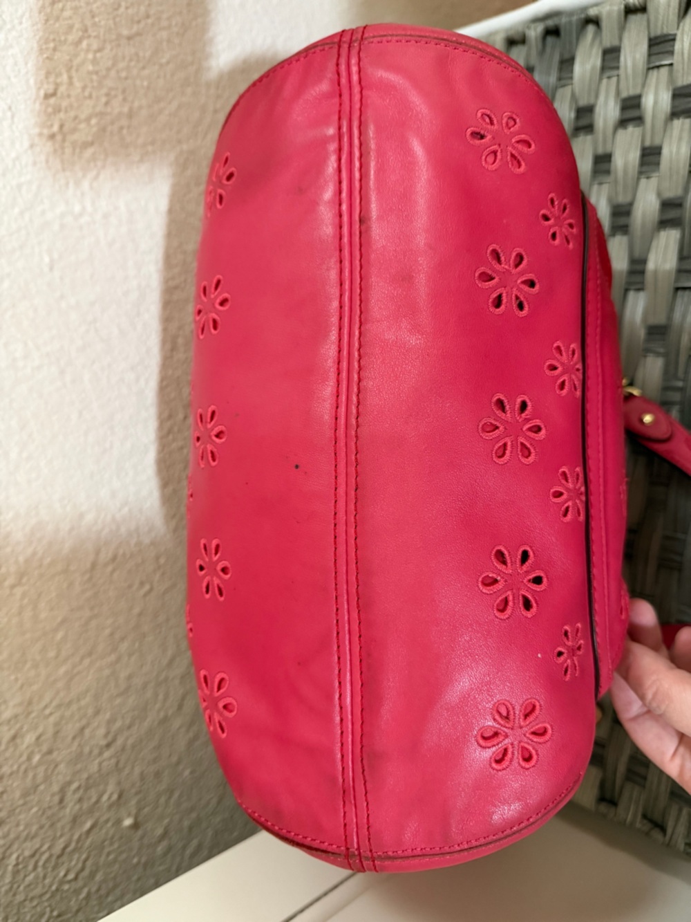 Coach Pink Leather Floral Perforated Chain Shoulder Bag Turnlock - Style 23842 - Picture 7 of 16